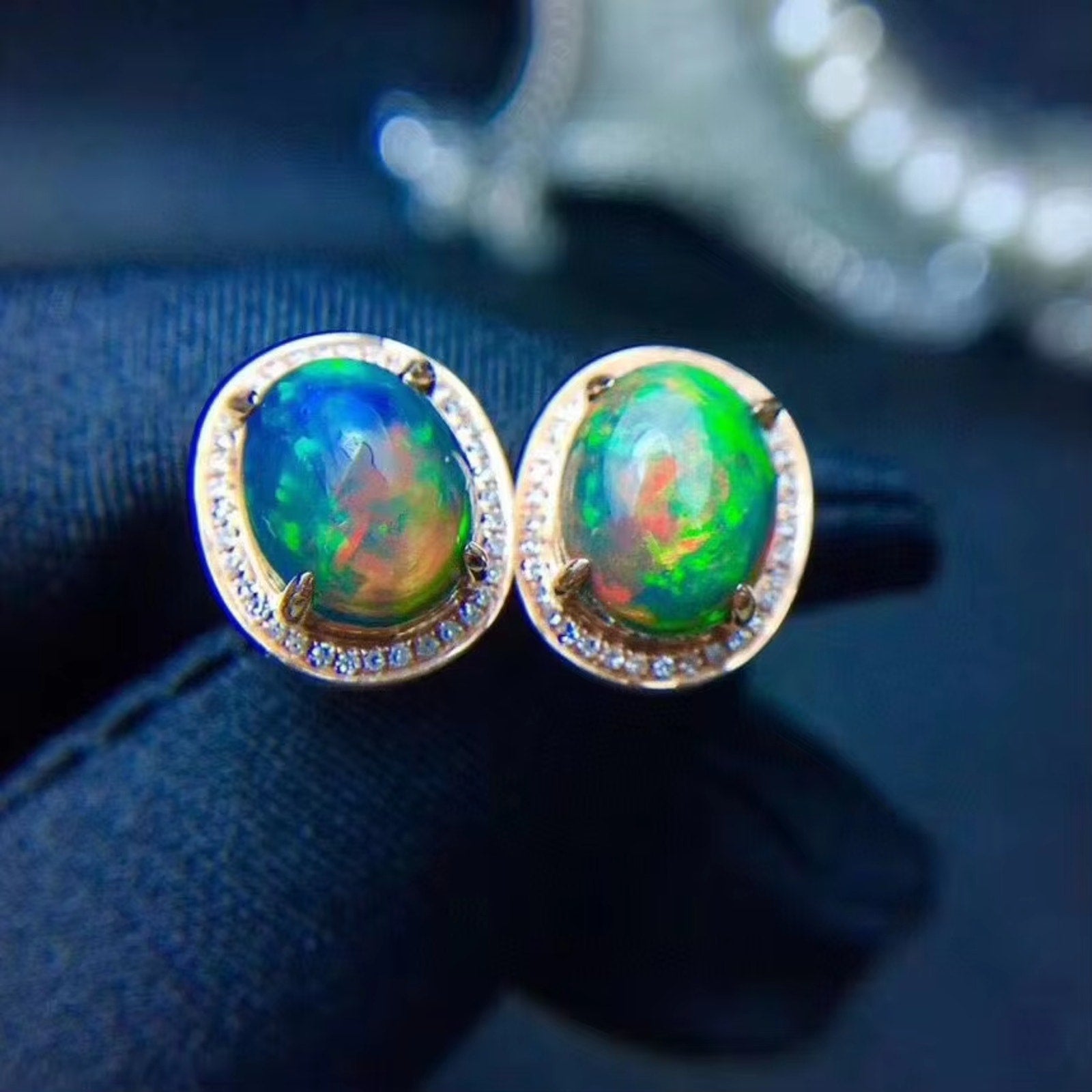 Black Fire Opal Stud Earrings, Natural Fire Opal Earrings 925 Sterling Silver