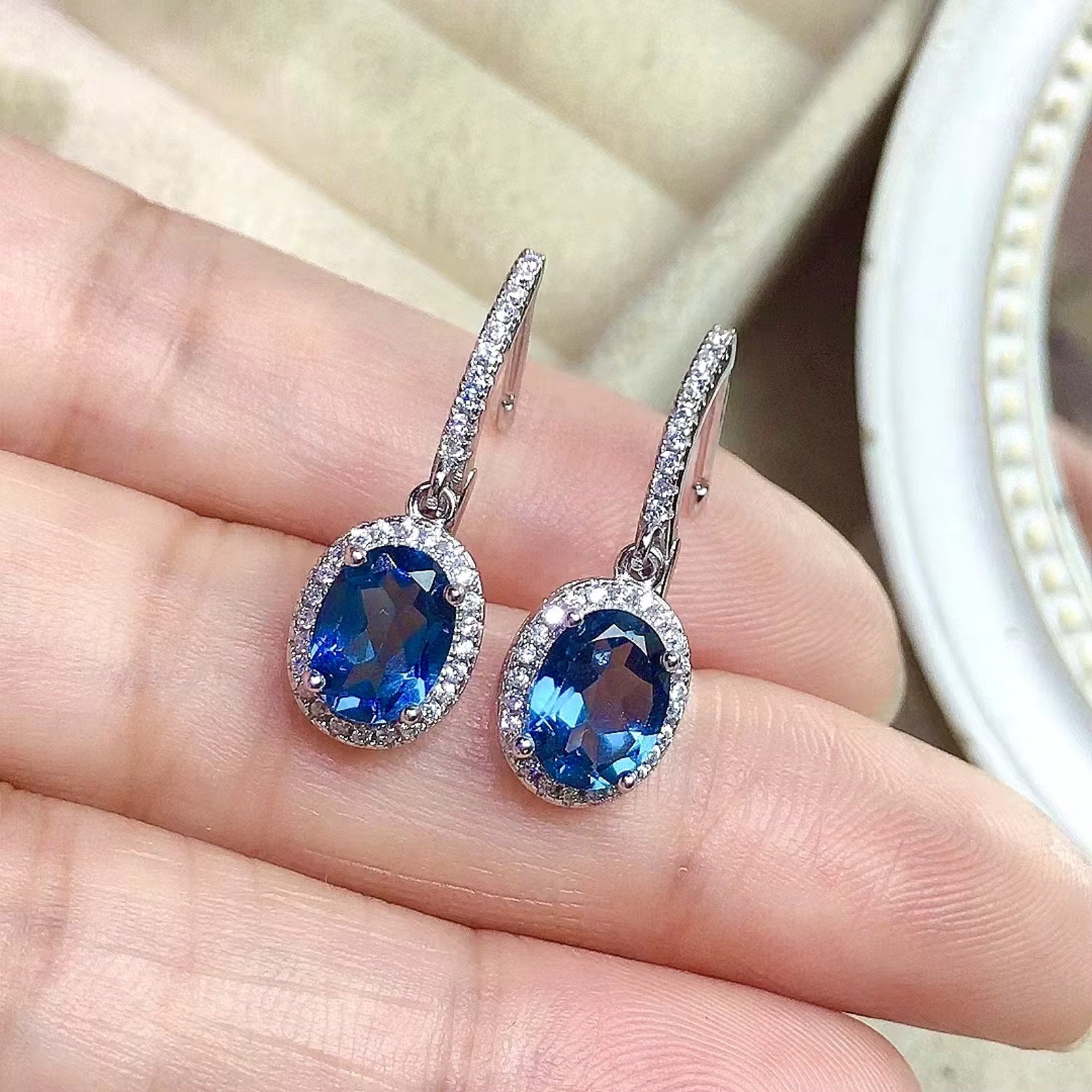 Natural London Blue Topaz Dangle Earrings 925 Sterling Silver 6x8mm