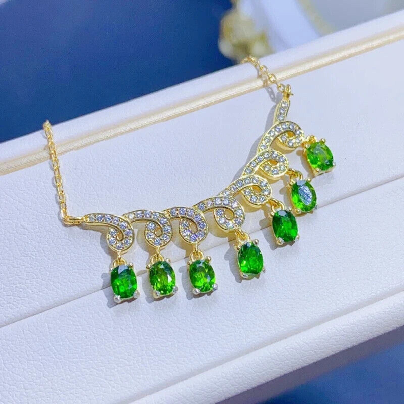 Natural Diopside Gemstone Charm Necklace, Chrome Diopside Necklace Sterling