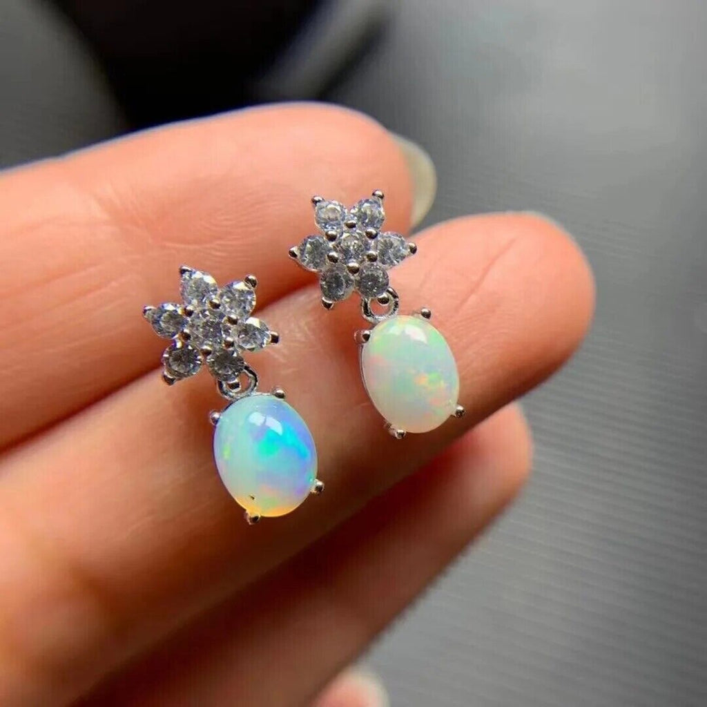 Dangle Earrings Opal, Opal Gemstone Silver, Natural Opal Earring 6x8mm