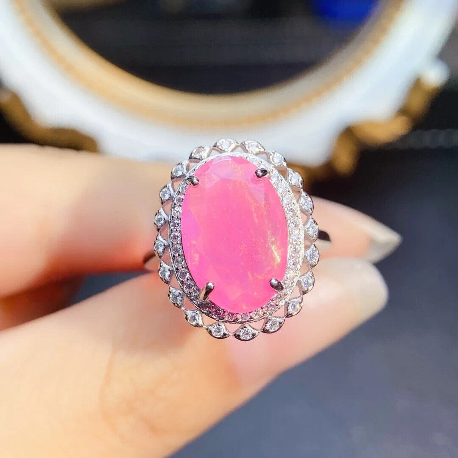 Pink Fire Opal Large Statement Ring 10x15mm, Natural Pink Fire Opal Ring