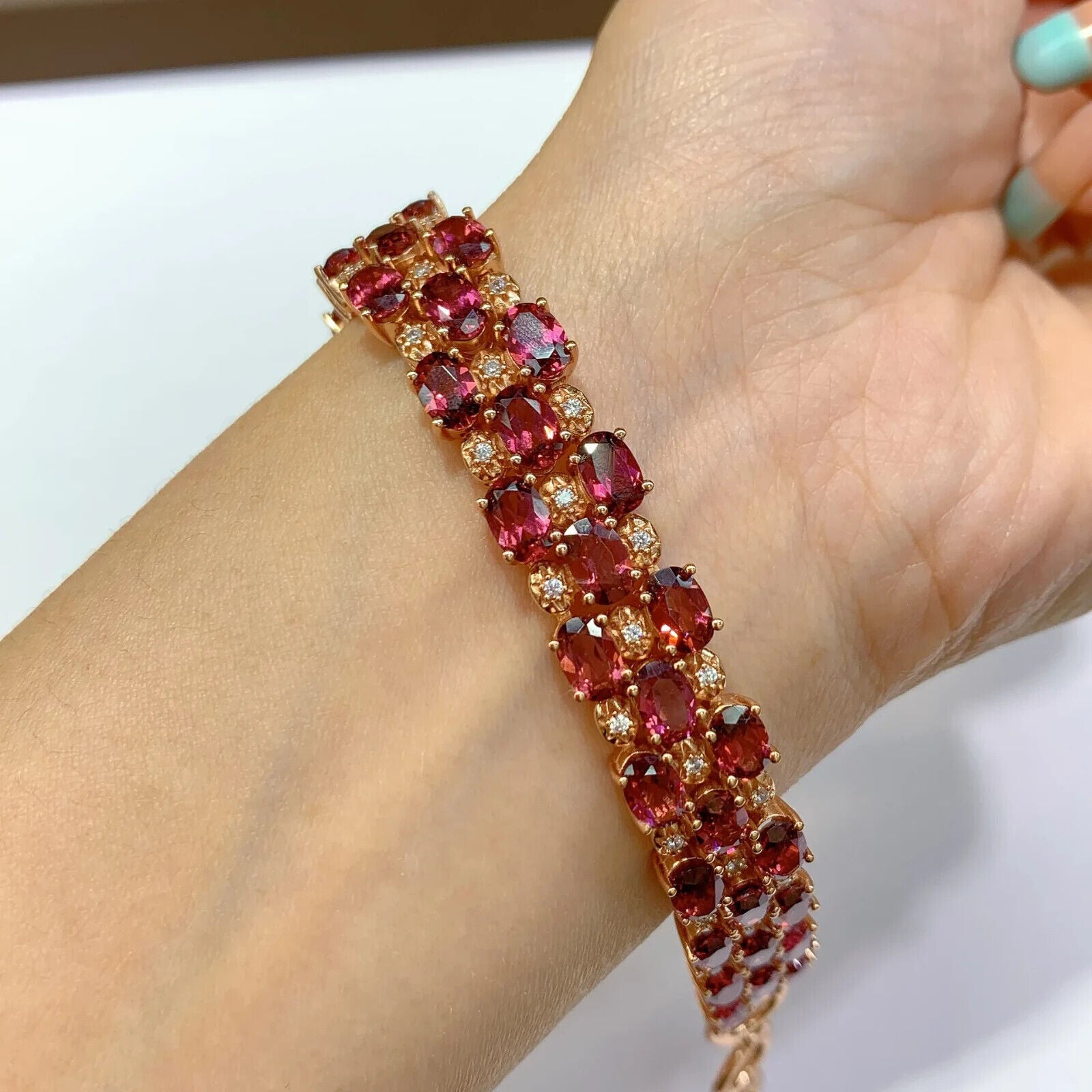 Natural Pink Garnet 3 Layer Tennis Bracelet, Women's Garnet Bracelet Sterling