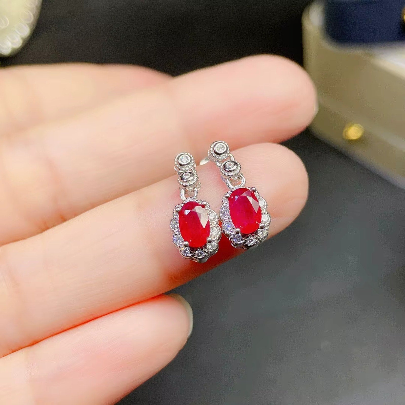 Natural Ruby Gemstone Earrings 925 Sterling Silver, Ruby Stud Earrings 4x6mm