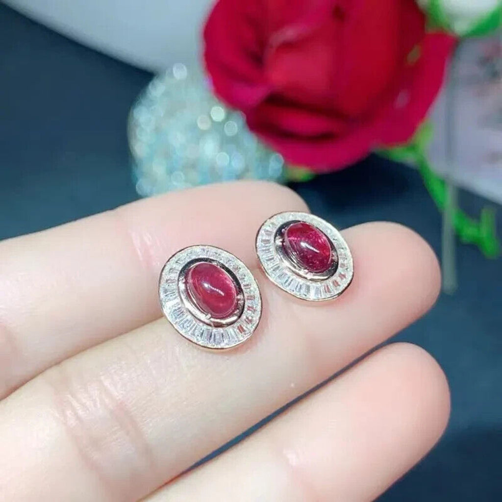 Natural Orange Pyrope Garnet Stud Earrings 5x7mm Platinum Plated