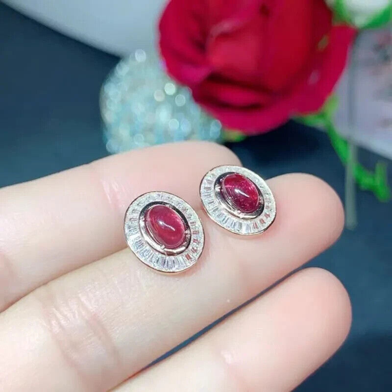 Natural Orange Pyrope Garnet Stud Earrings 5x7mm Platinum Plated