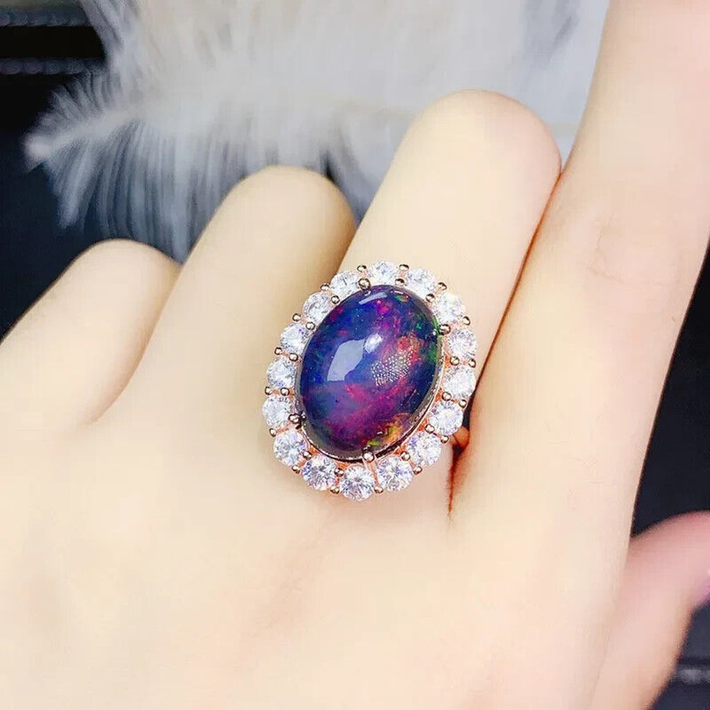 Huge Black Fire Opal Statement Ring 12x16mm 7CT, Natural Fire Opal Ring