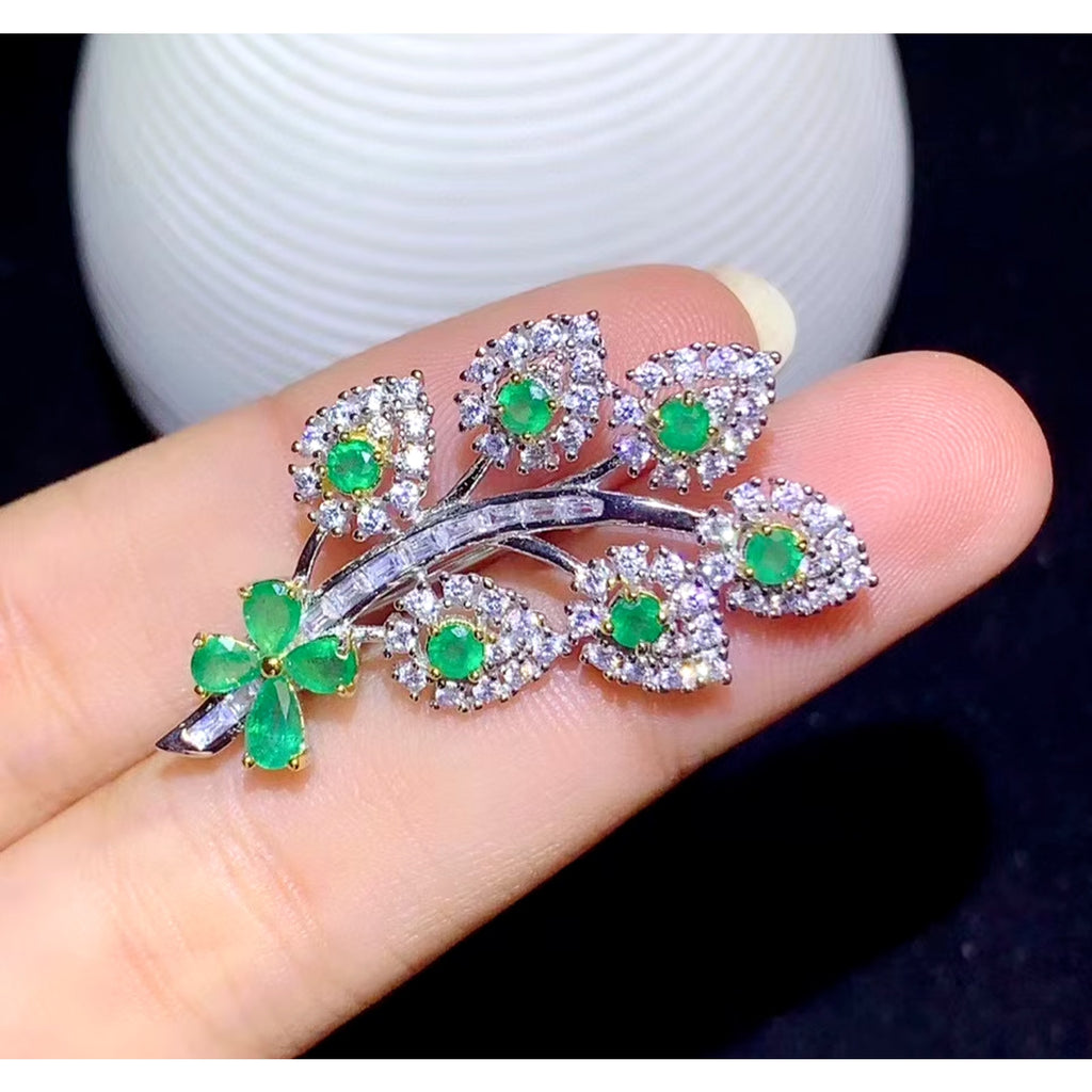 Natural Emerald Brooch Pin, Womens Emerald Flower Brooch Sterling Silver