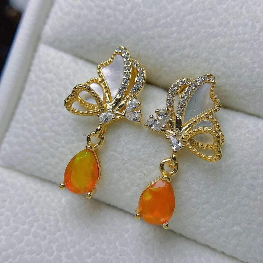 Orange Fire Opal Pear Statement Earrings 5x7mm, Orange Opal Earrings