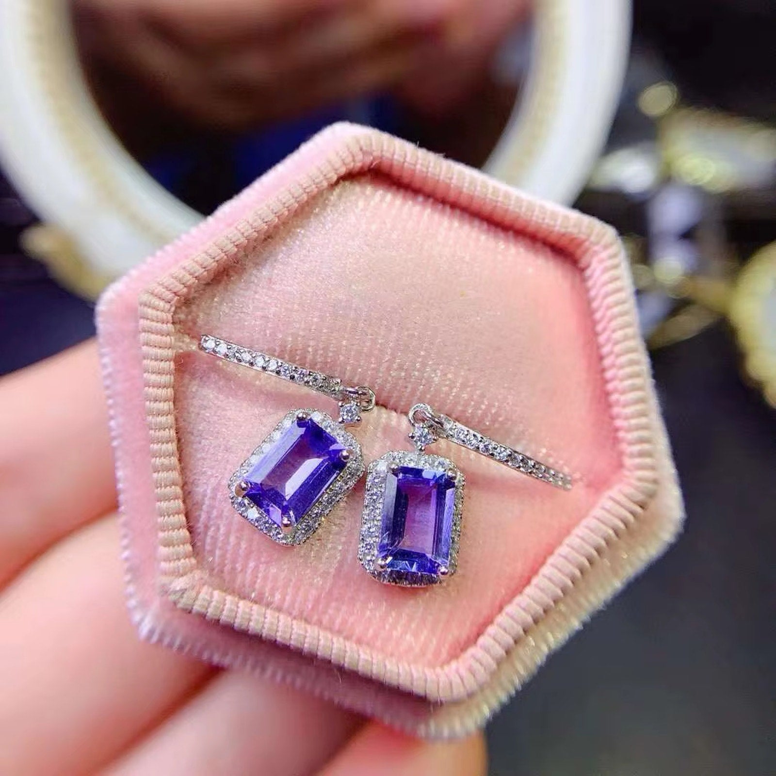 VVS Grade Purple Tanzanite Hoop Dangle Earrings 5x7mm Emerald Cut Tanzanite