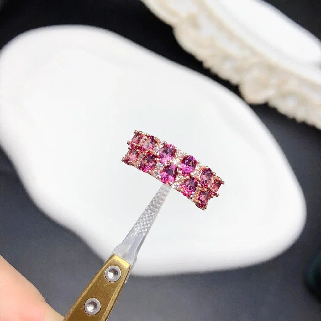 Natural Pink Garnet Double Layer Band Ring 3x4mm Platinum Plated Sterling