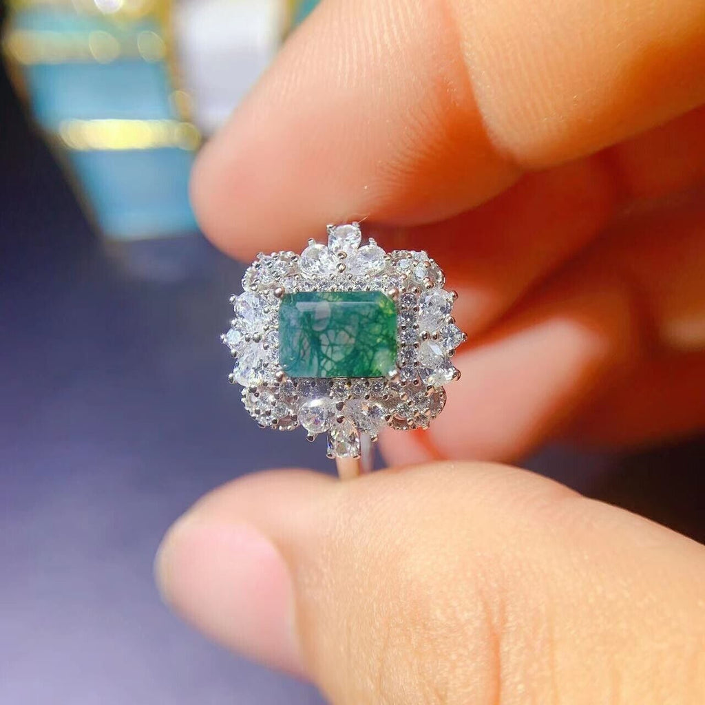 Moss Agate Cocktail Ring 5x7mm 925 Sterling Silver