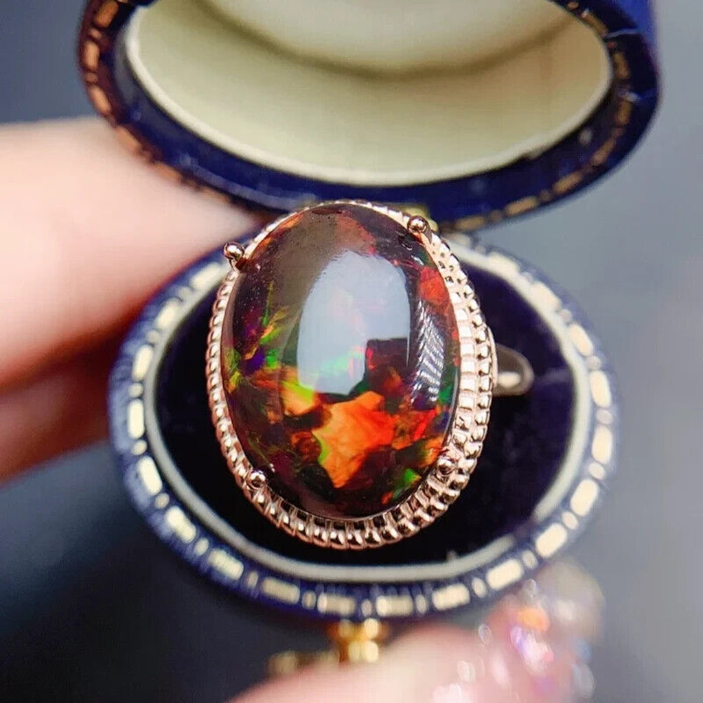Huge Black Fire Opal Statement Ring 12x16mm, Natural Fire Opal Ring 925 Sterling