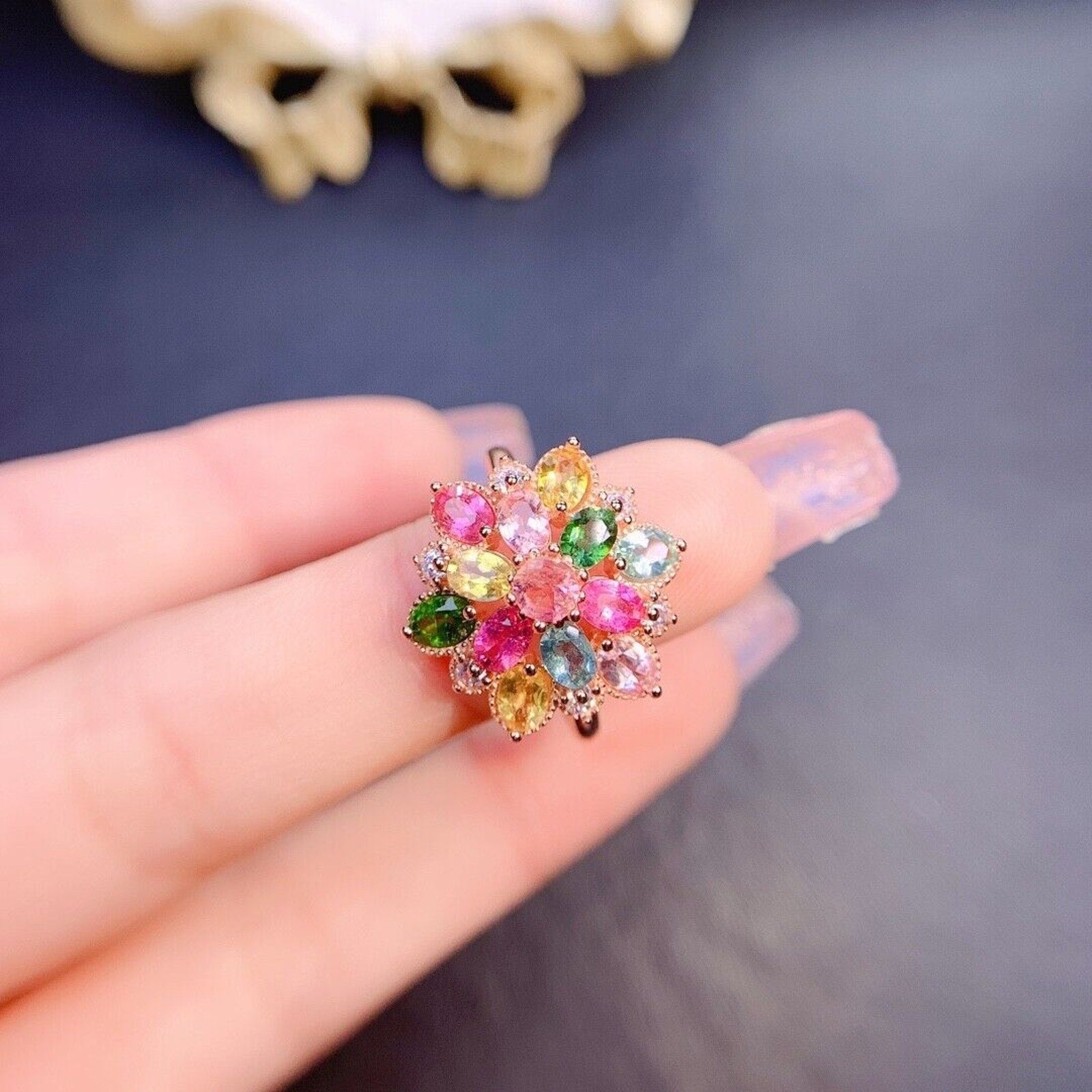 Large Tourmaline Gemstone Cluster Ring, Natural Tourmaline Flower Ring