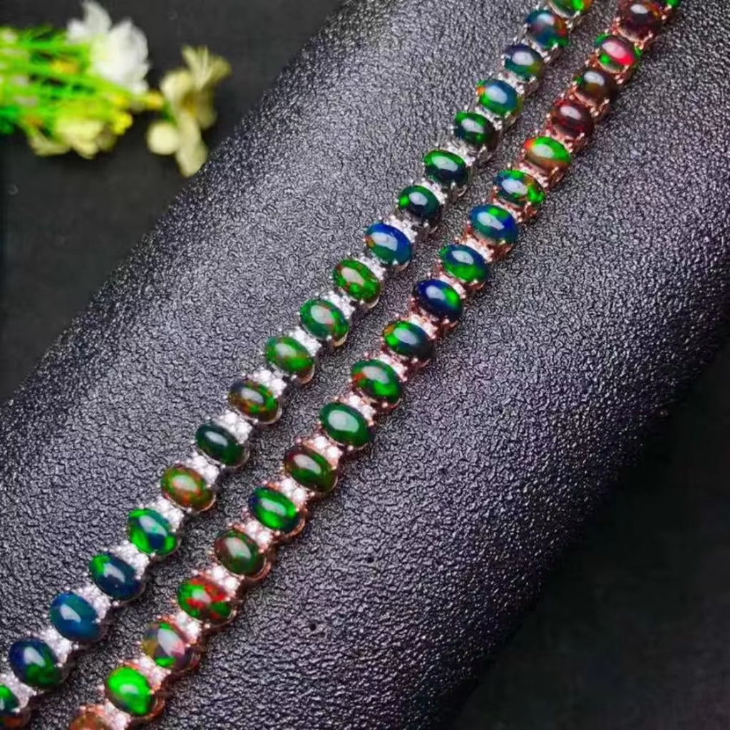 Natural Fire Opal Tennis Bracelet, Colorful Black Opal Bracelet 925 Sterling