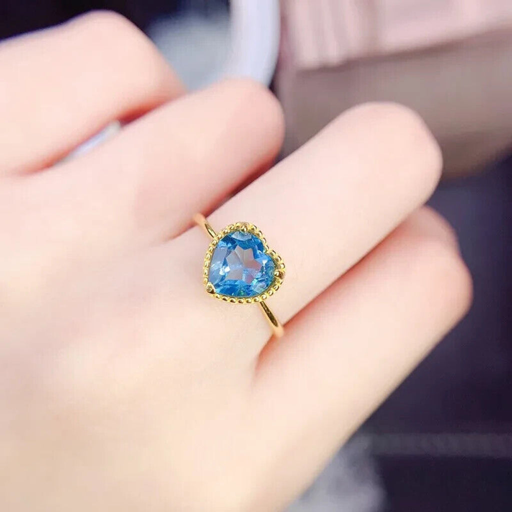 Swiss Blue Topaz Gemstone Heart Ring 7mm