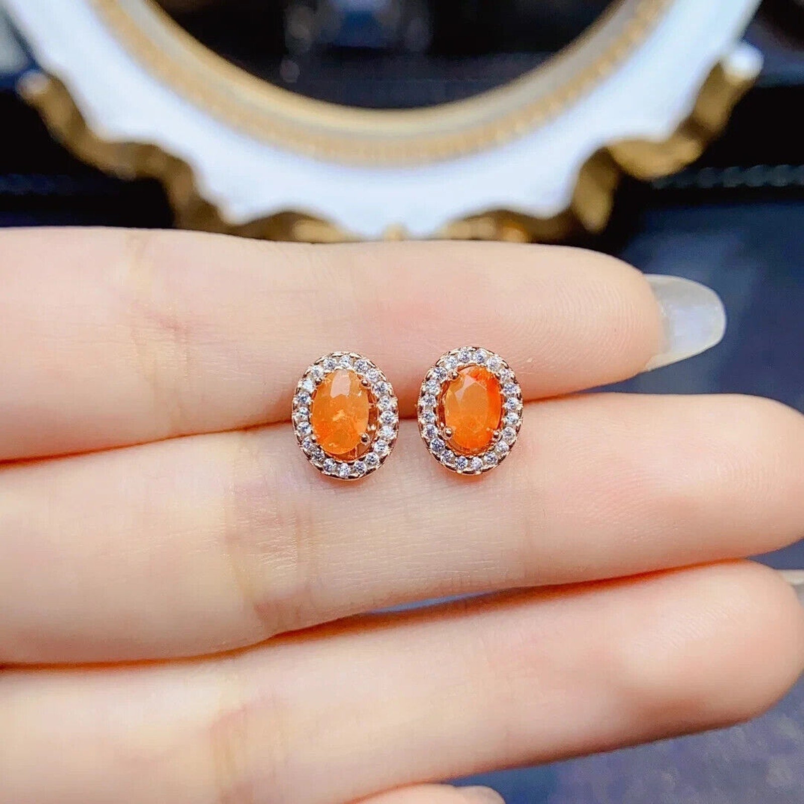 Orange Fire Opal Stud Earrings 4x6mm, Natural Orange Fire Opal Earrings