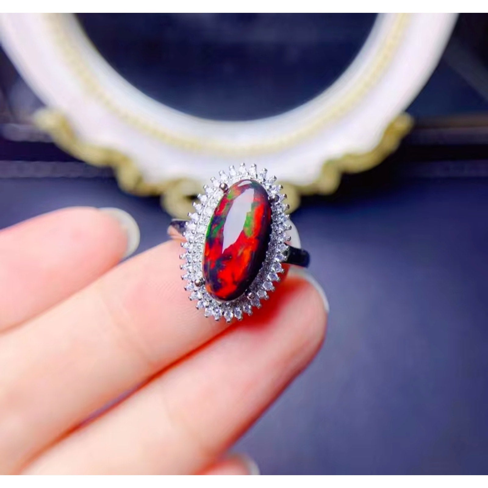 Colorful Fire Opal Statement Ring, Black Fire Opal Ring 7x14mm Sterling Silver