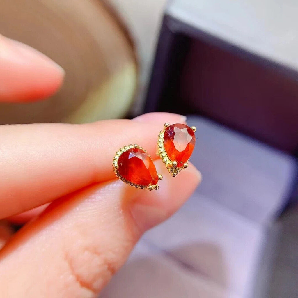 Natural Orange Garnet Stud Earrings 5x7mm Platinum Plated, Garnet Stud Earrings