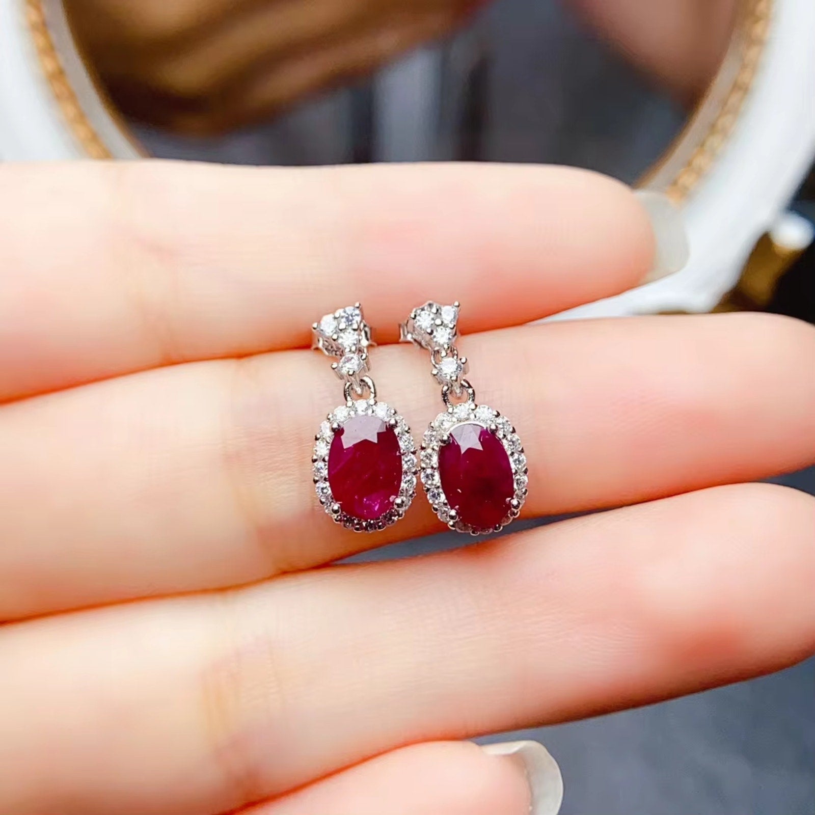 Natural Ruby Gemstone Earrings, Ruby Earrings 925 Sterling Silver 5x7mm