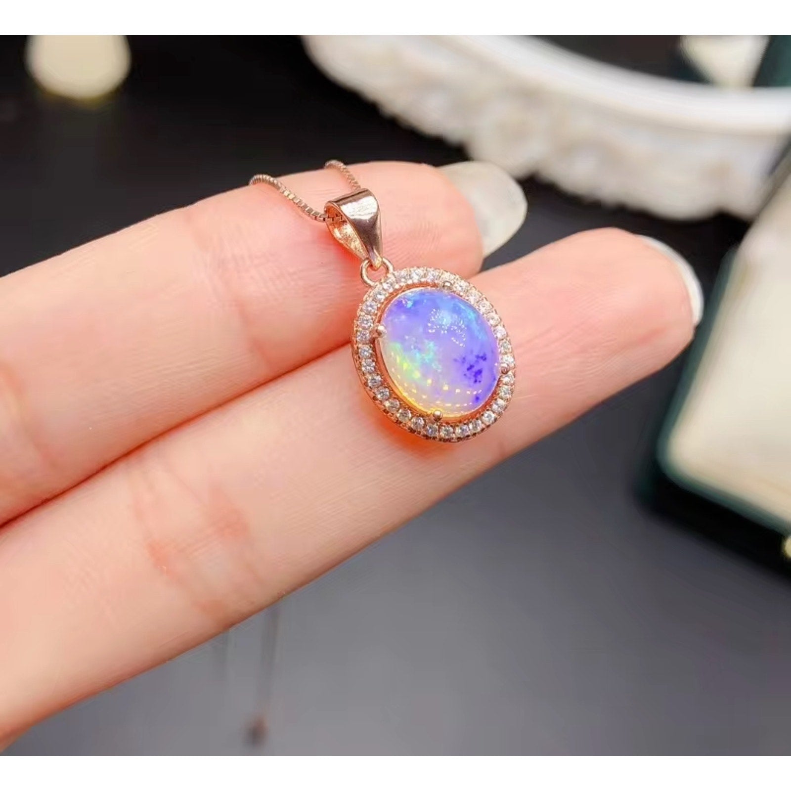 Natural Fire Opal Pendant Necklace 8x10mm, Genuine Fire Opal Necklace