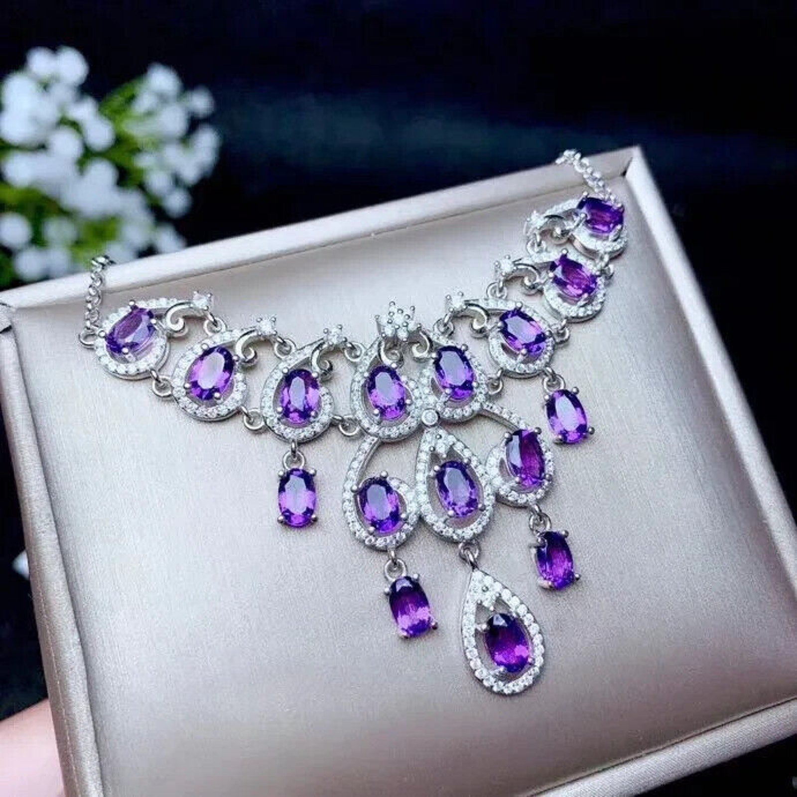 Amethyst Statement Necklace, Natural Amethyst Gemstone Necklace 925 Sterling