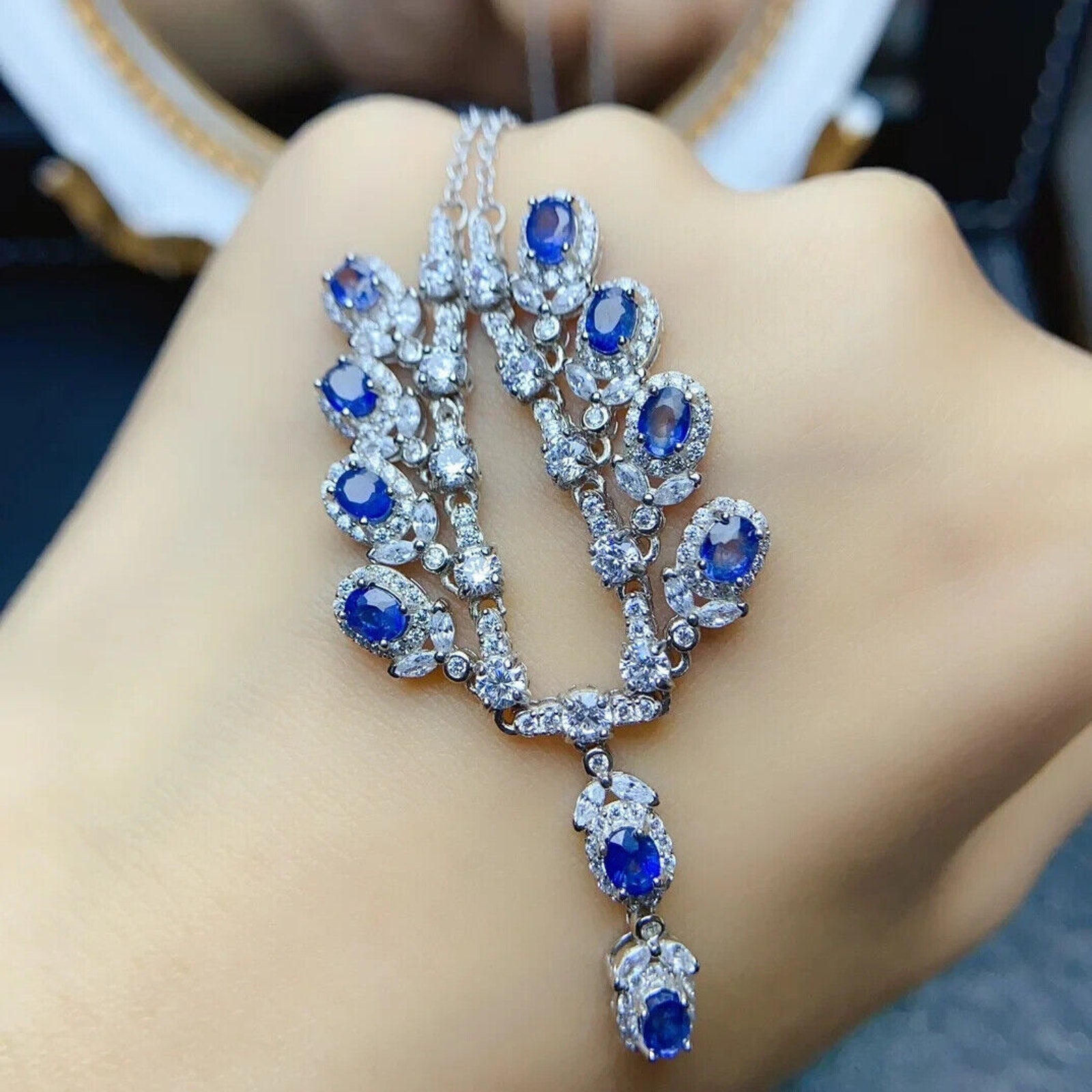 Natural Sapphire Dangle Necklace – 925 Sterling Silver | 3x4mm Charm Necklace