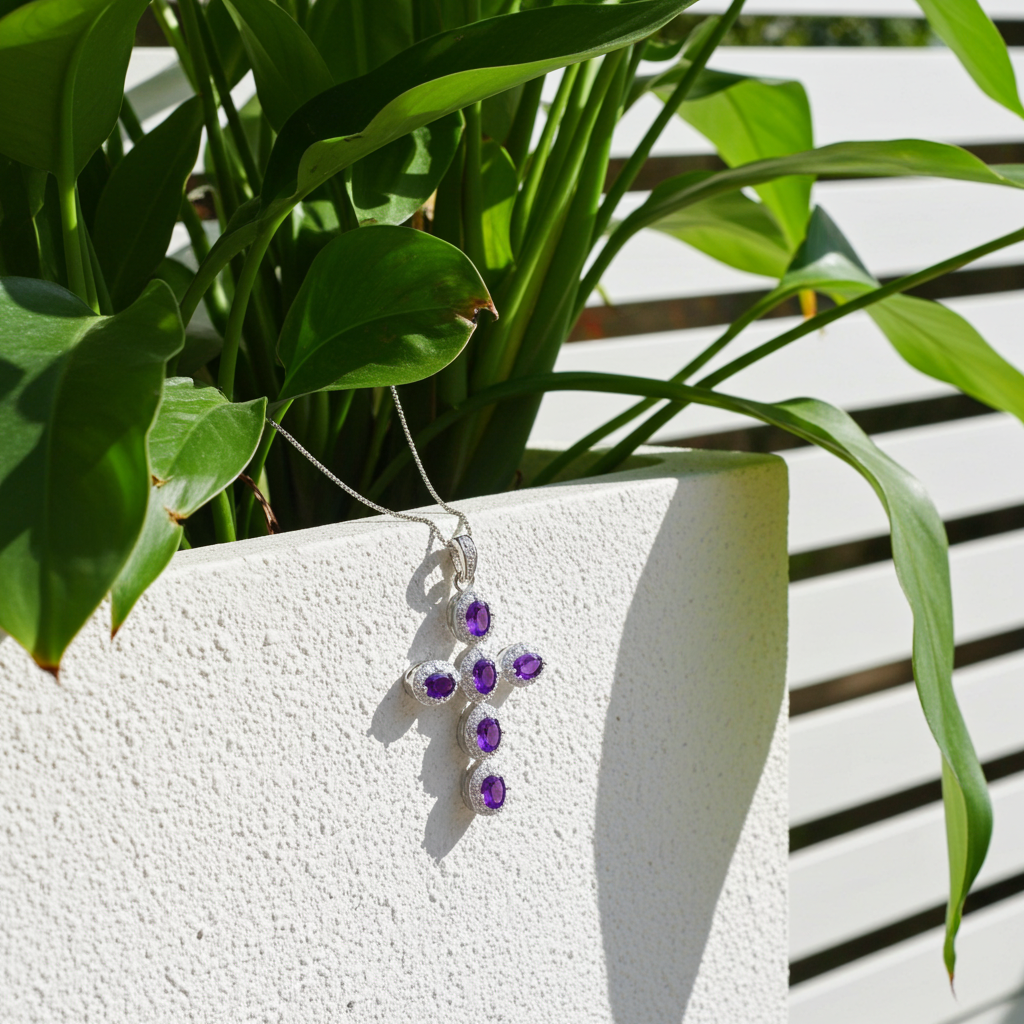 Purple Amethyst Cross Necklace 925 Sterling Silver