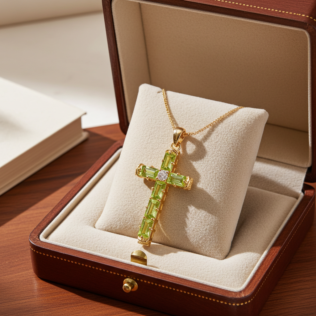 August Birthstone Peridot Gemstone Cross Necklace 3x5mm