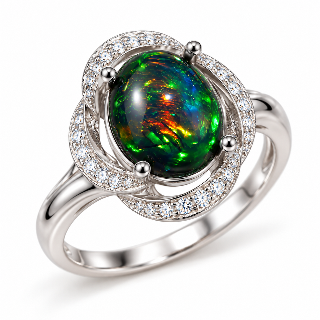 Angled view of a dyed-black Australian fire opal ring with colorful flashes and a sparkling halo.