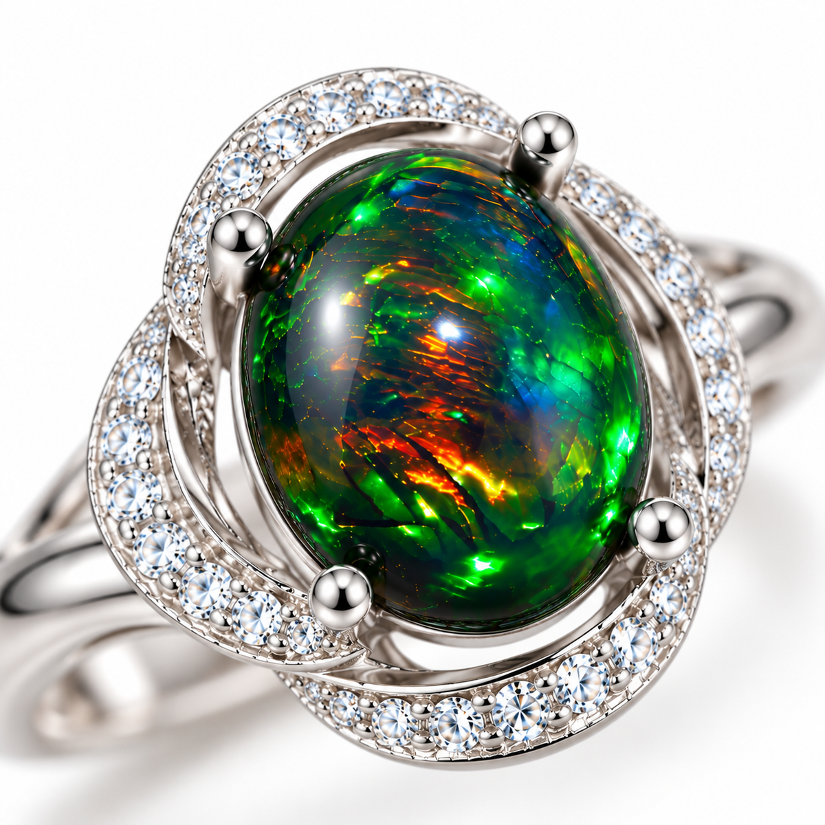Close-up of the dyed-black fire opal showing green, blue, orange, red, and yellow flashes.