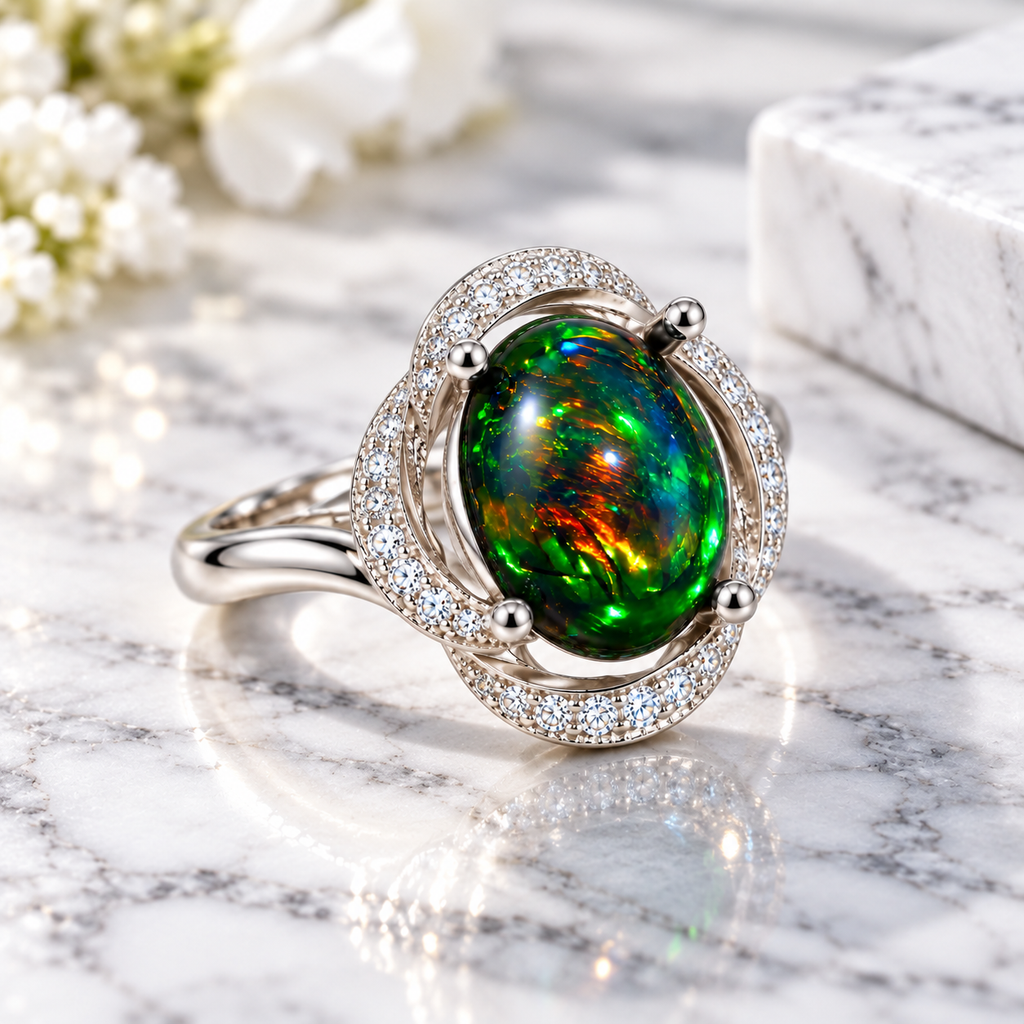 Angled lifestyle view of an Australian fire opal ring dyed black, featuring vivid multicolor flashes and clear halo accents on white marble.