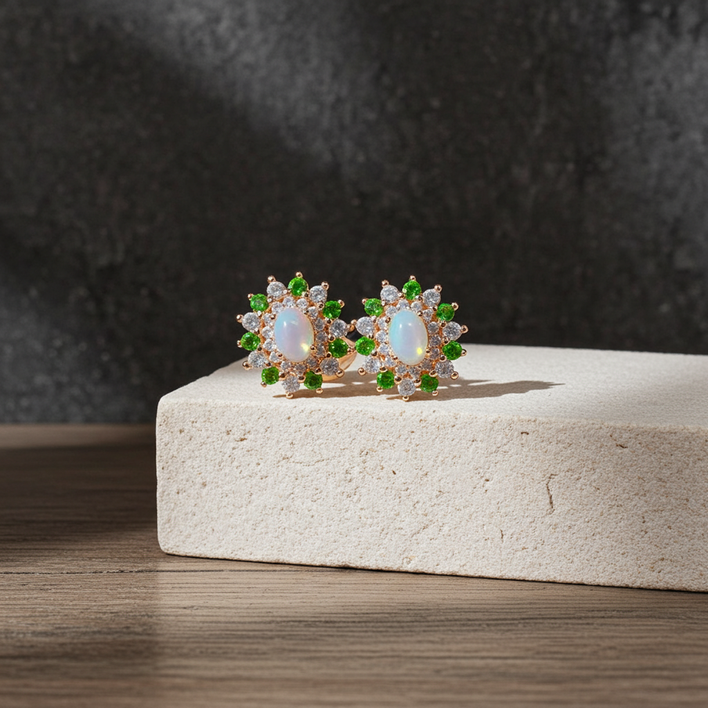 White Fire Opal and Chrome Diopside Flower Stud Earrings