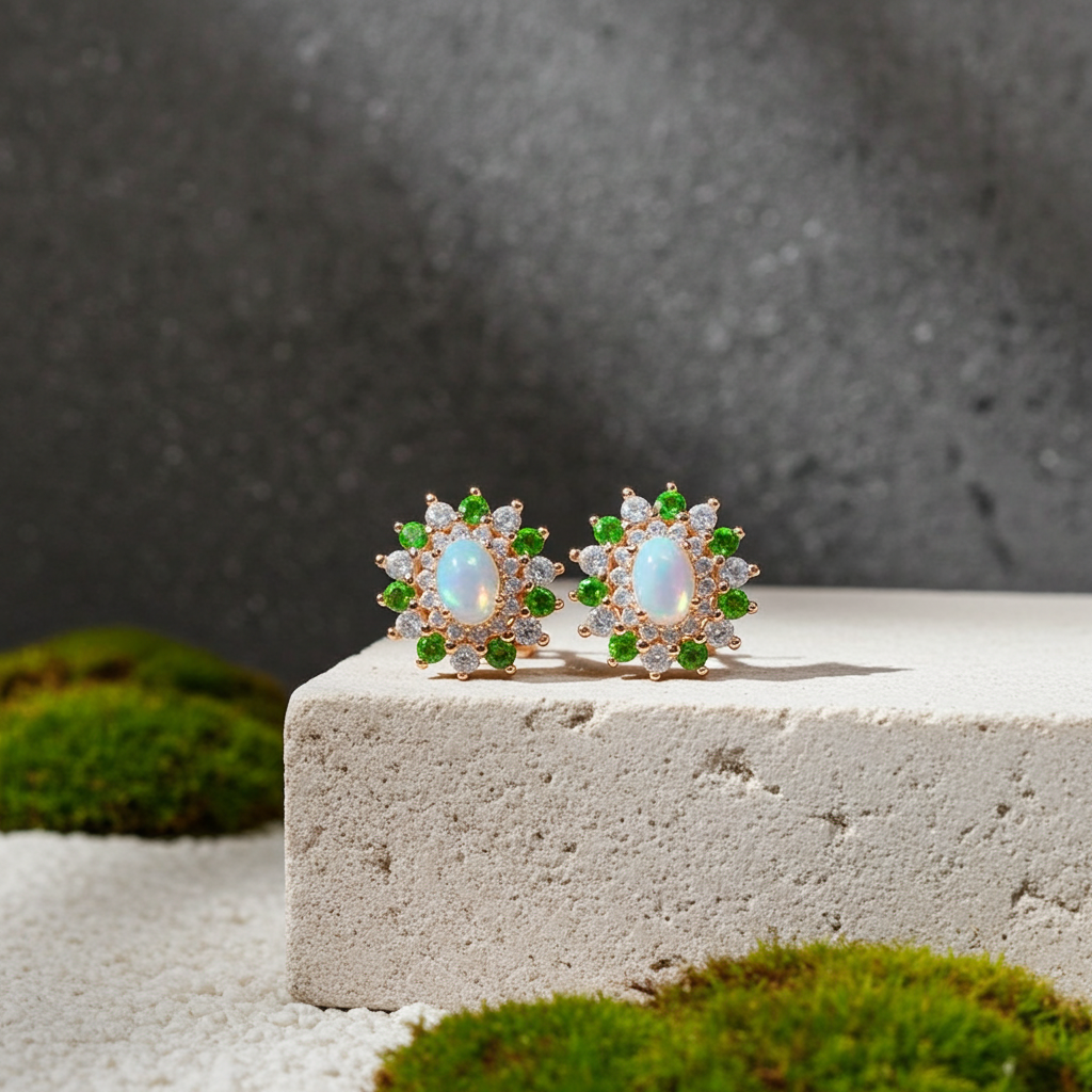 White Fire Opal and Chrome Diopside Flower Stud Earrings
