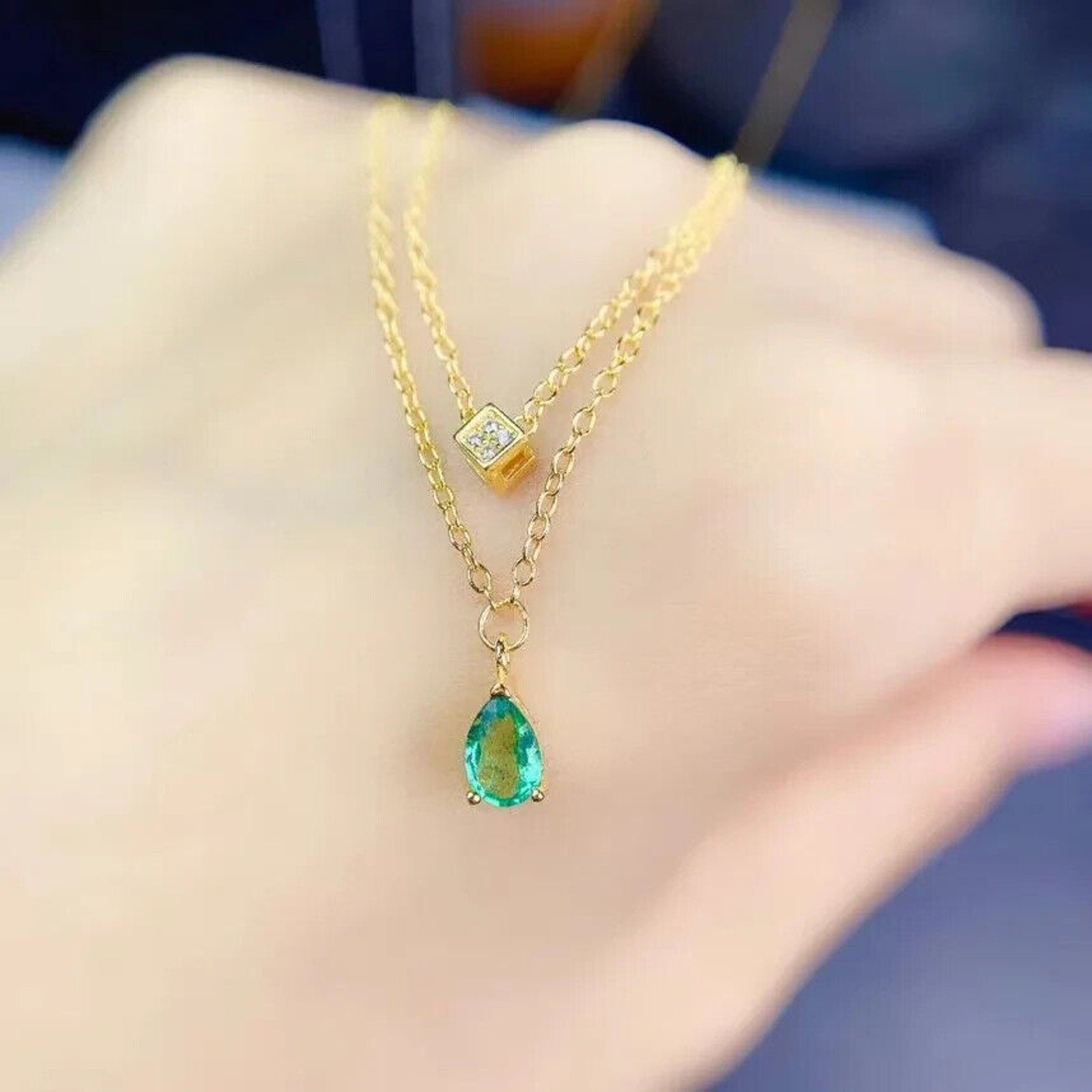 Dainty Emerald Pendant Necklace 4x6mm Gold Plated 925 Sterling Silver