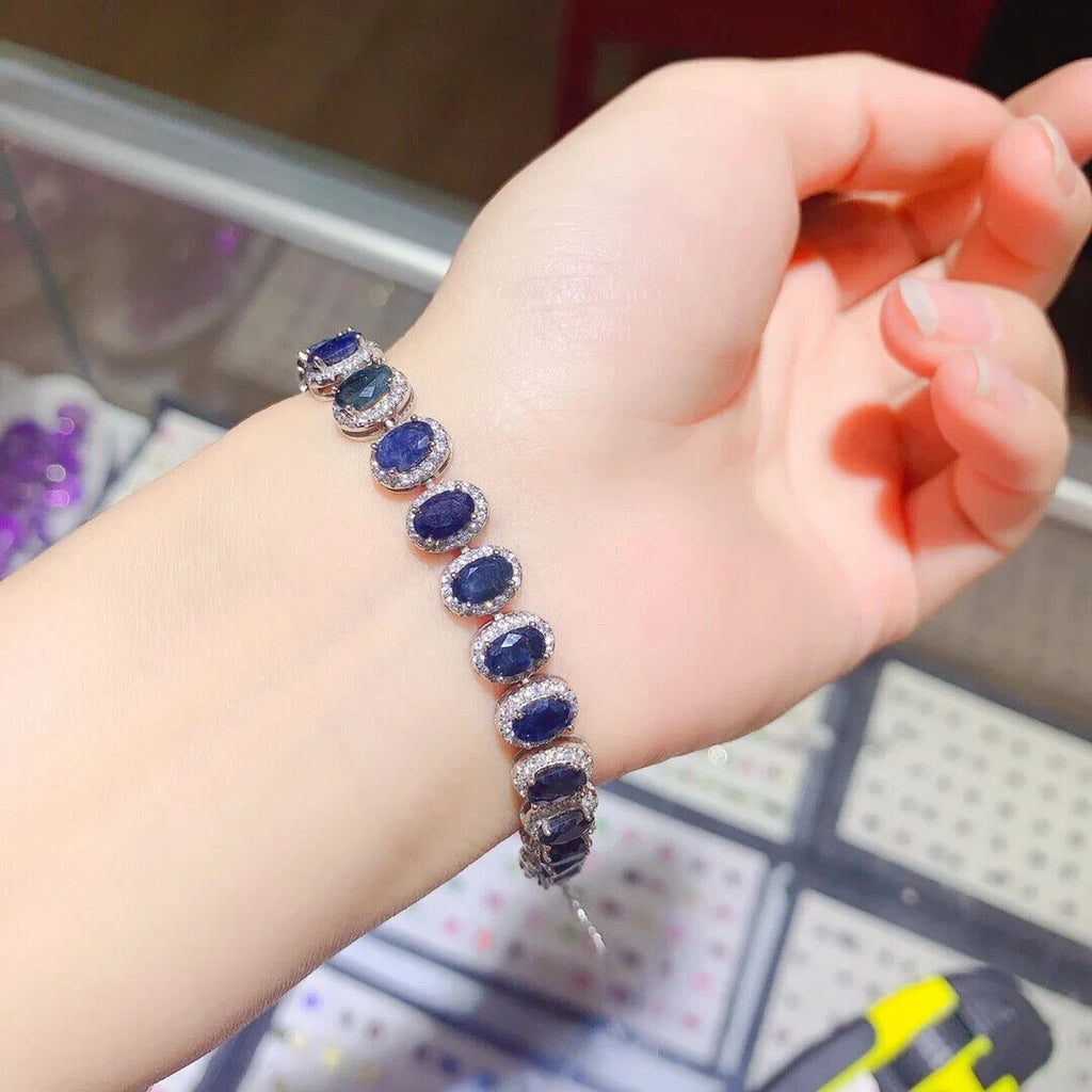 Natural Sapphire Tennis Bracelet, Opaque Blue Sapphire Bracelet 925 Sterling