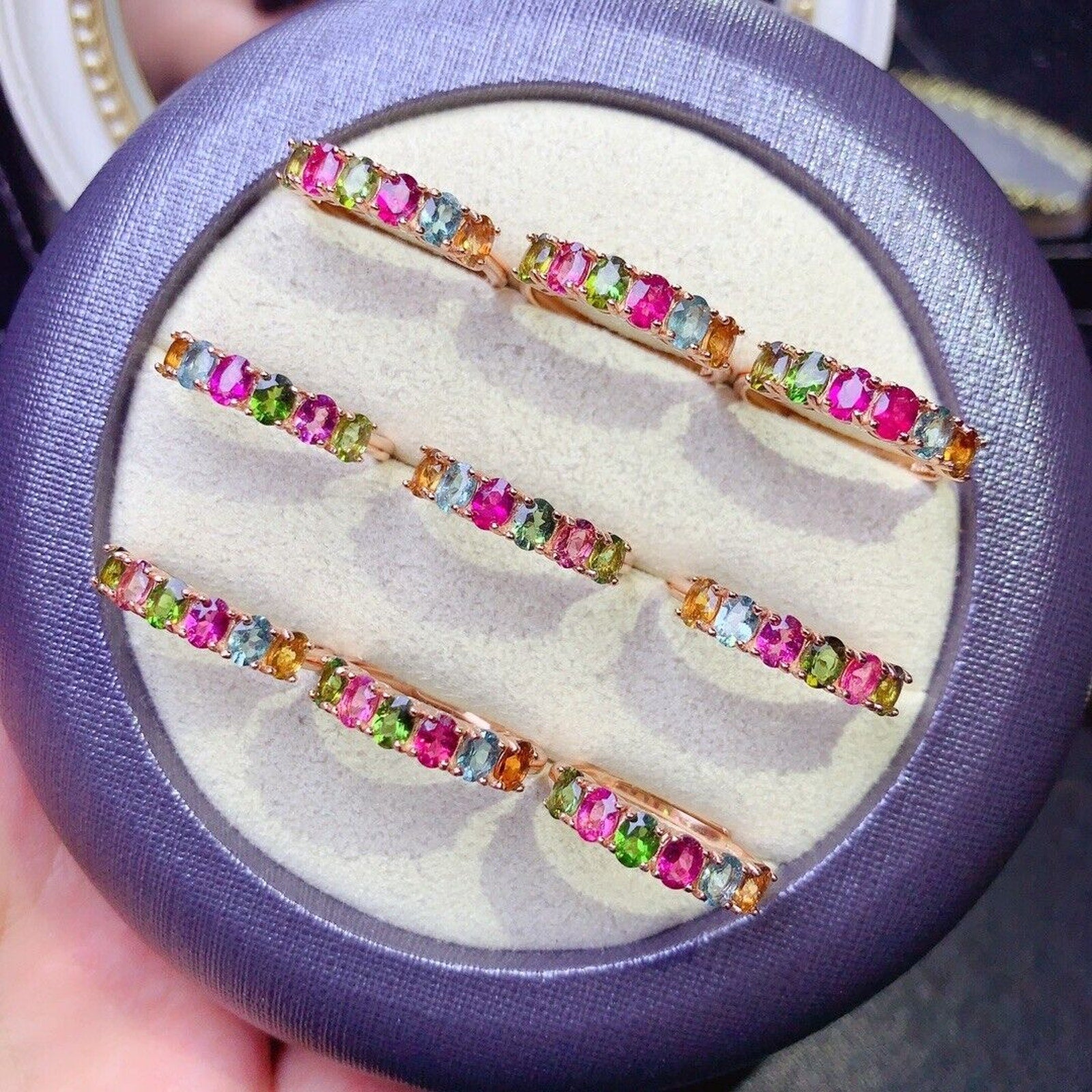 Tourmaline Gemstone Band Ring, Bright Natural Tourmaline Band Ring Silver