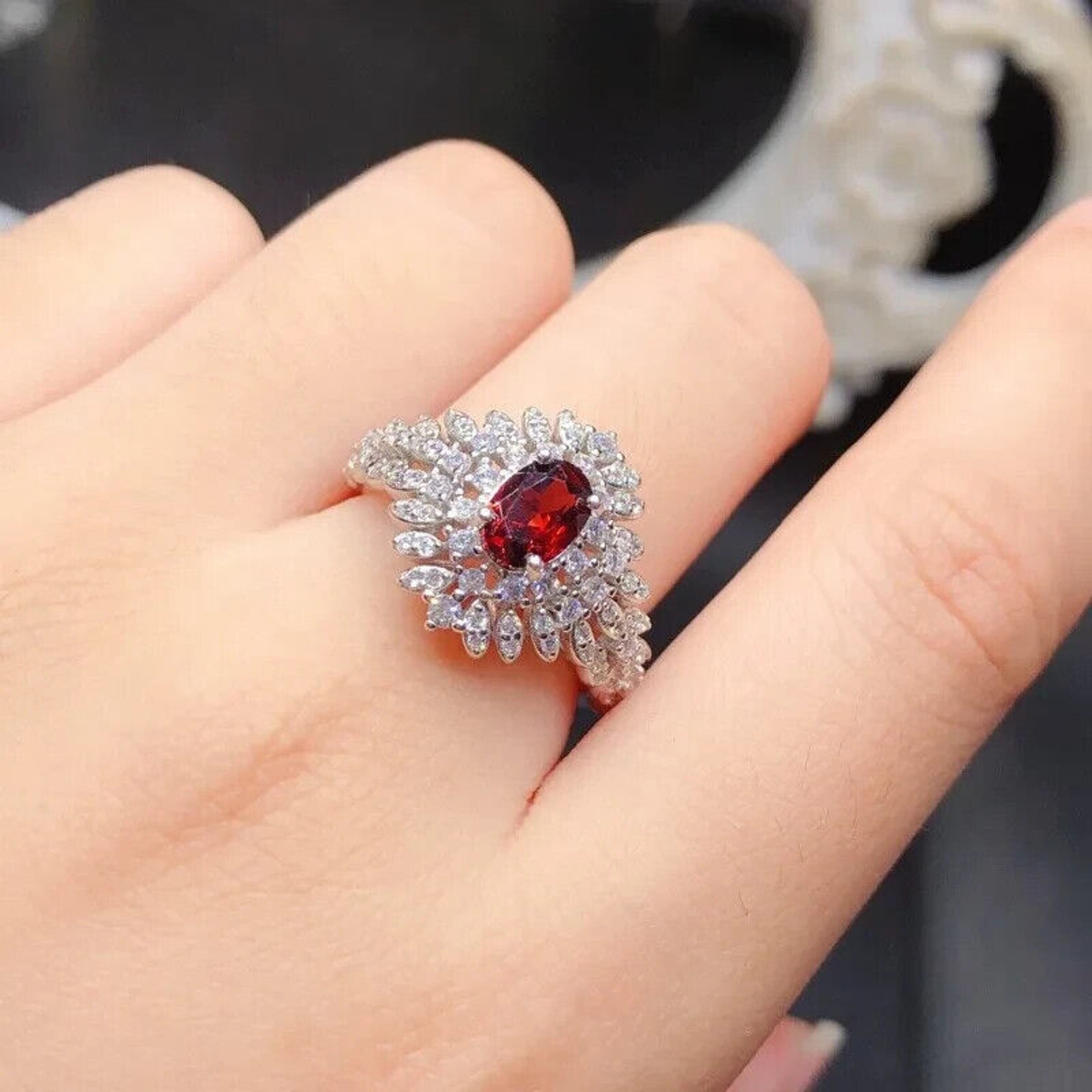 Red Garnet Cluster Statement Ring, Dazzing Red Garnet Cocktail Ring 925 Sterling