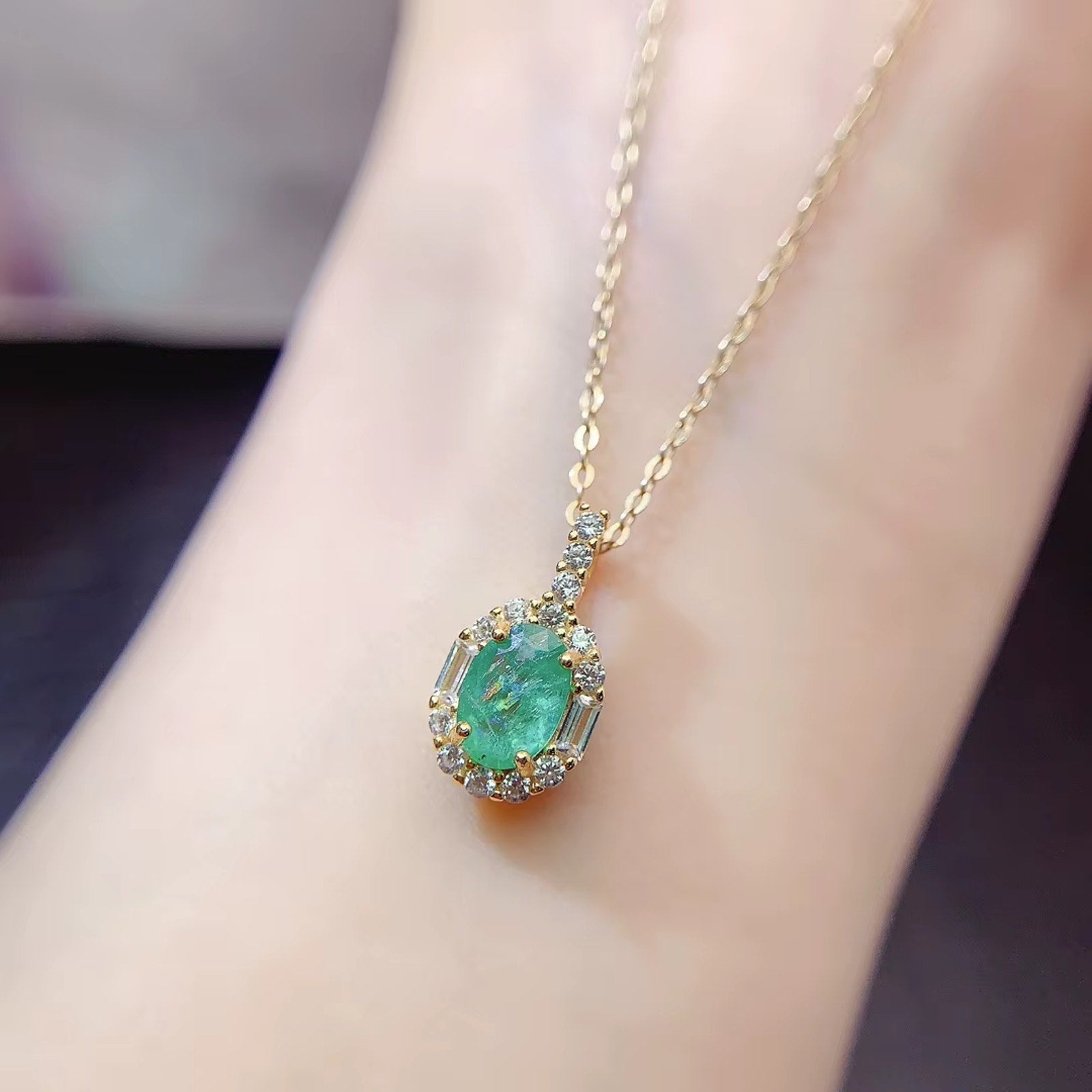 1CT Natural Emerald Pendant Necklace, Natural Colombian Emerald Necklace 5x7mm