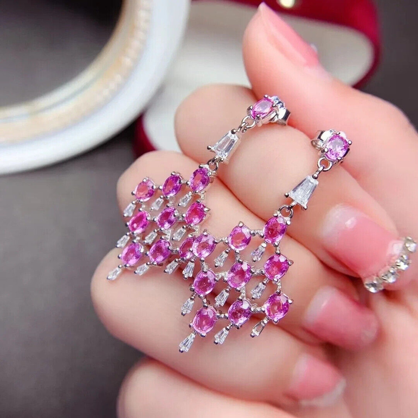 Pink Sapphire Chandelier Earrings VVS Grade 3x4mm Platinum Plated