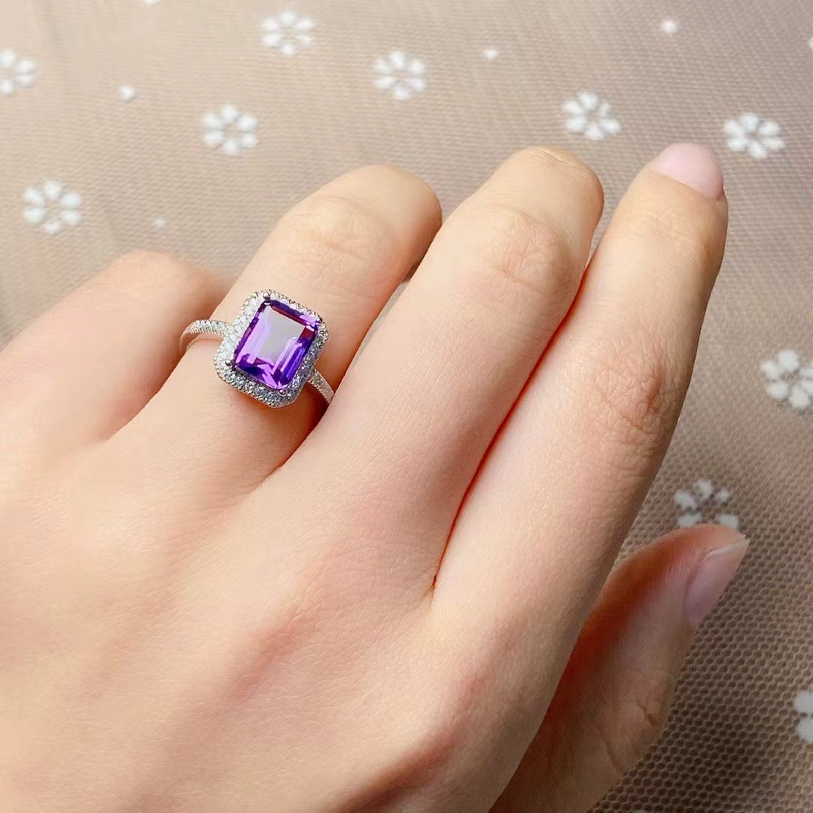 2CT Emerald Cut Amethyst Ring 925 Sterling Silver, Purple Amethyst Ring 7x9mm