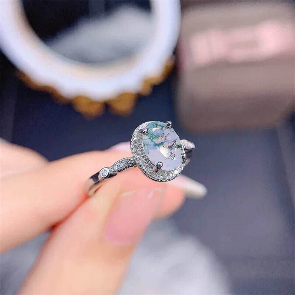 Dainty Moss Agate Gemstone Ring, Natural Moss Agate Sterling Silver Ring