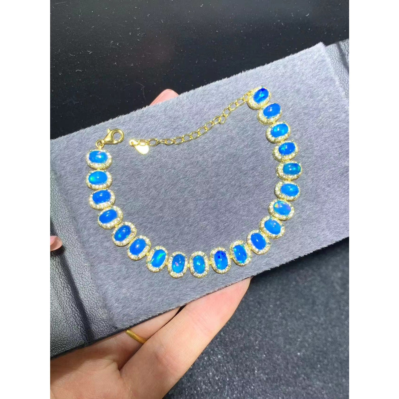 Blue Fire Opal Tennis Bracelet 4x6mm Sterling Silver, Blue Opal Bracelet