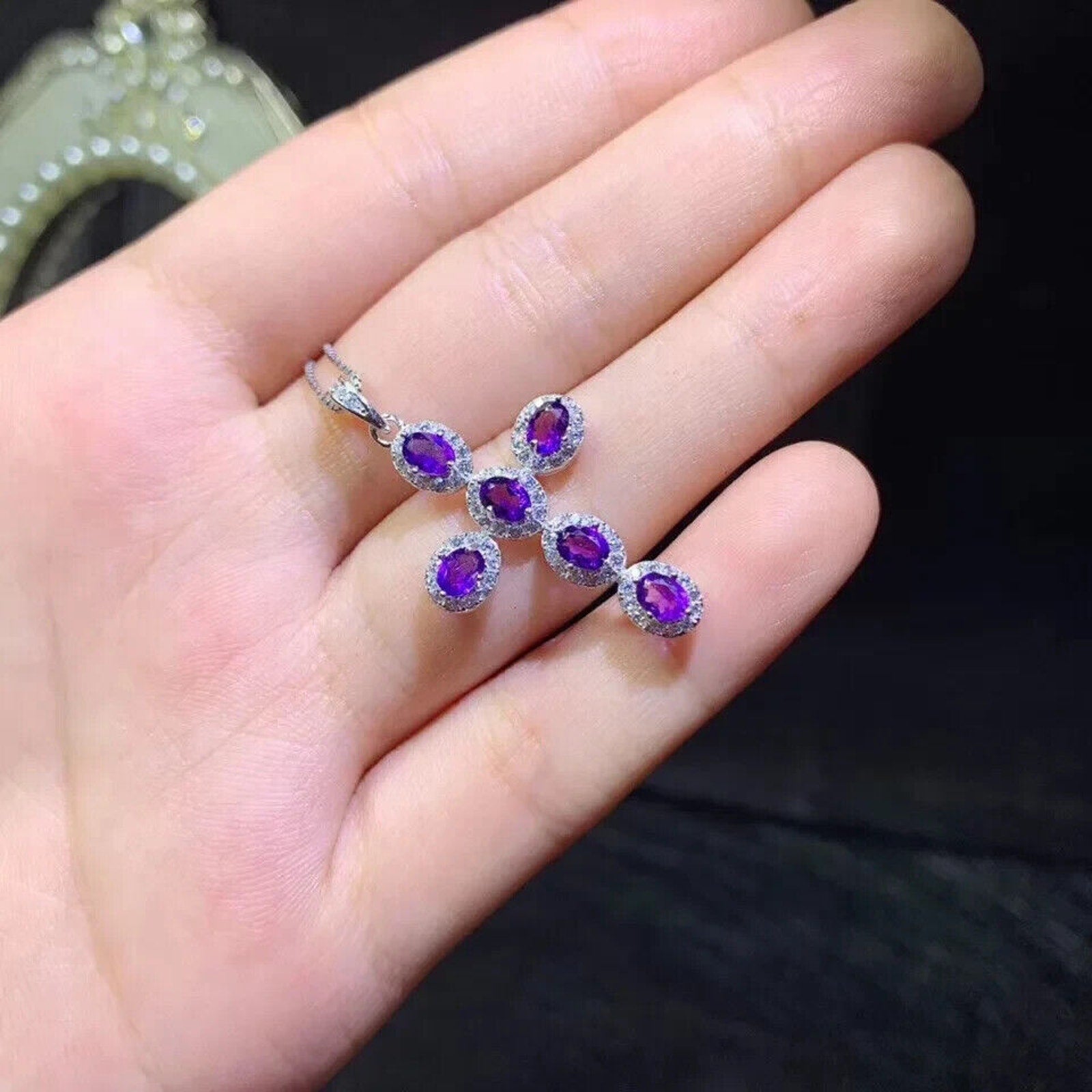 Purple Amethyst Cross Necklace, Natural Amethyst Cross Pendant 925 Sterling