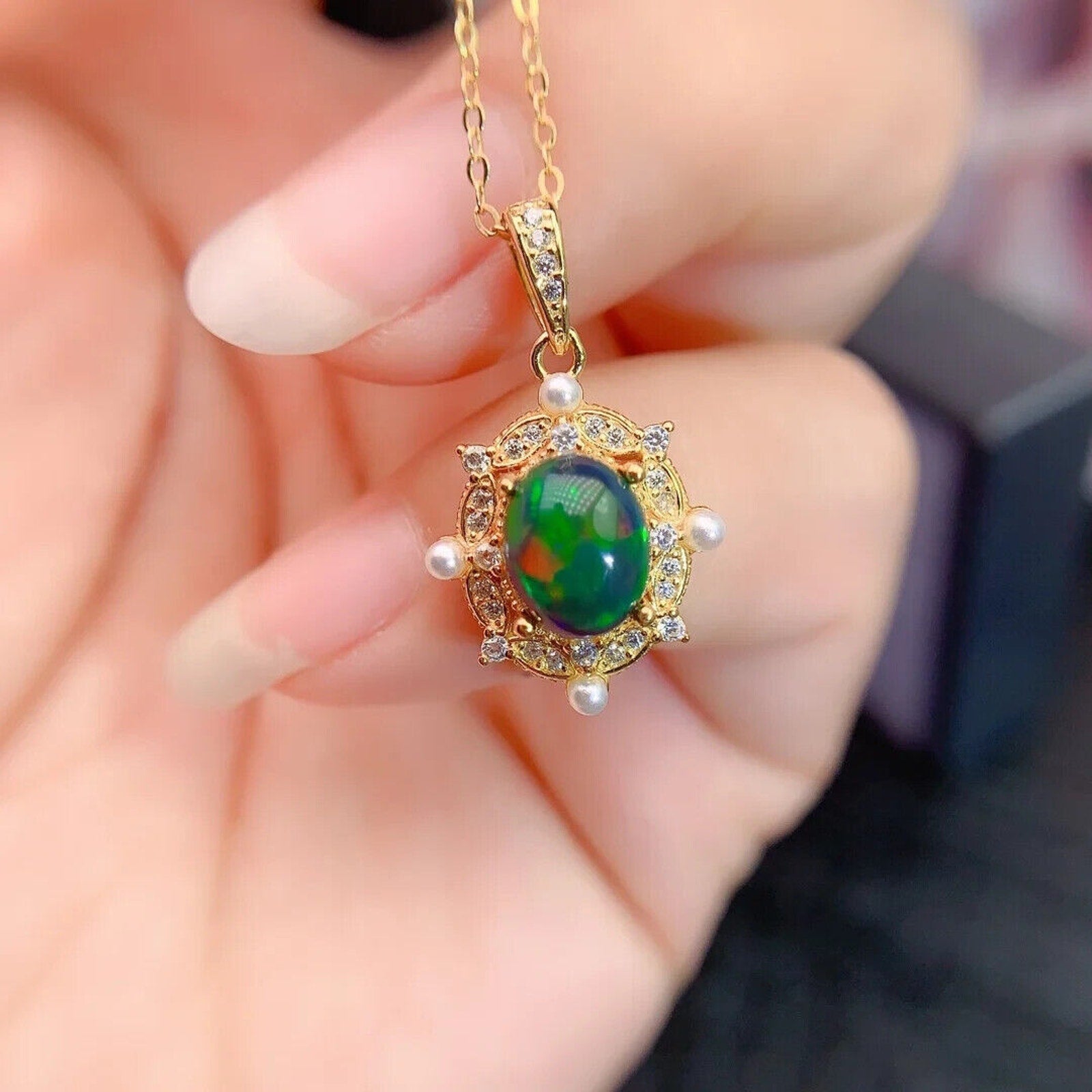 Black Fire Opal Nautical Pendant Necklace, Black Opal and Faux Pearl Necklace