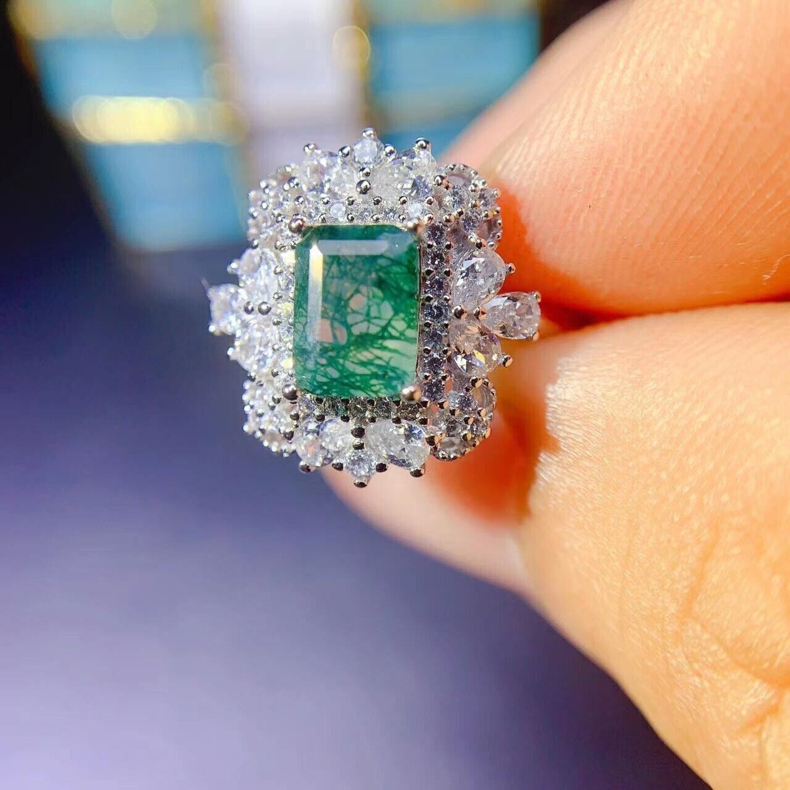 Moss Agate Cocktail Ring 5x7mm 925 Sterling Silver