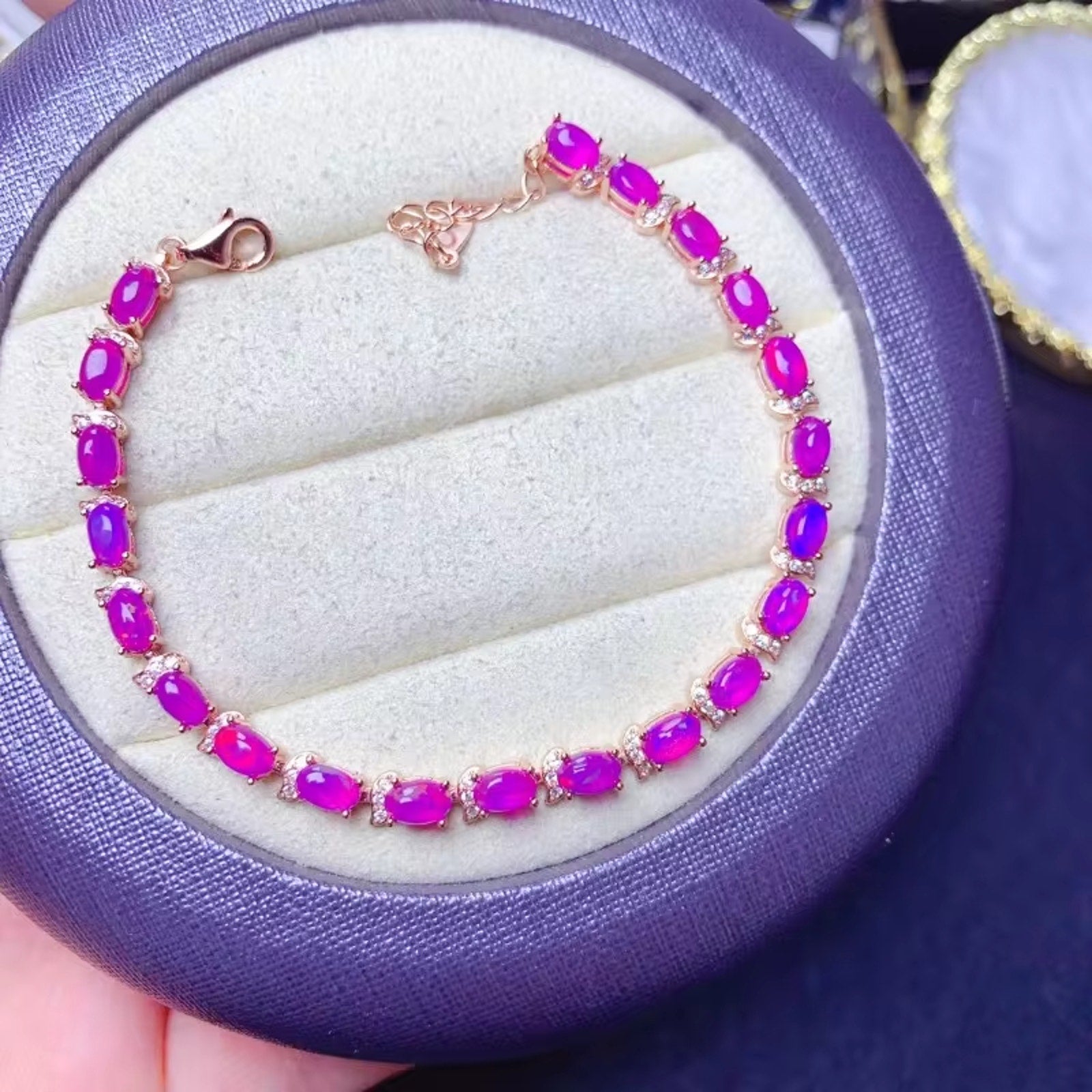 Purple Fire Opal Bracelet, Natural Fire Opal Tennis Bracelet Purple Opal