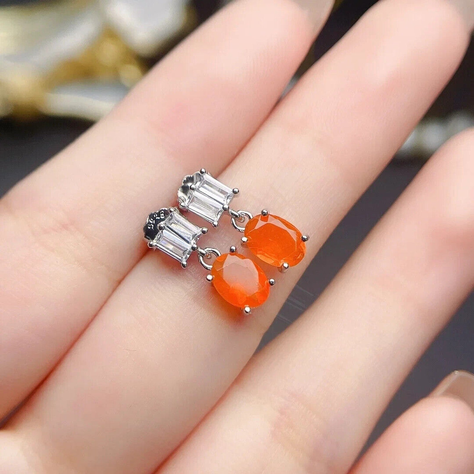 Orange Fire Opal Dangle Earrings 5x7mm, Natural Orange Fire Opal Earrings
