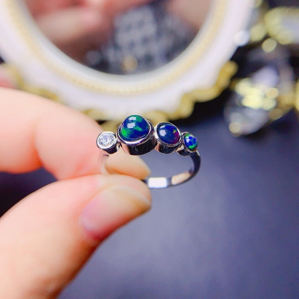 Adjustable Black Opal Stacking Ring, Stackable Opal Ring, Bezel Set Opal Ring
