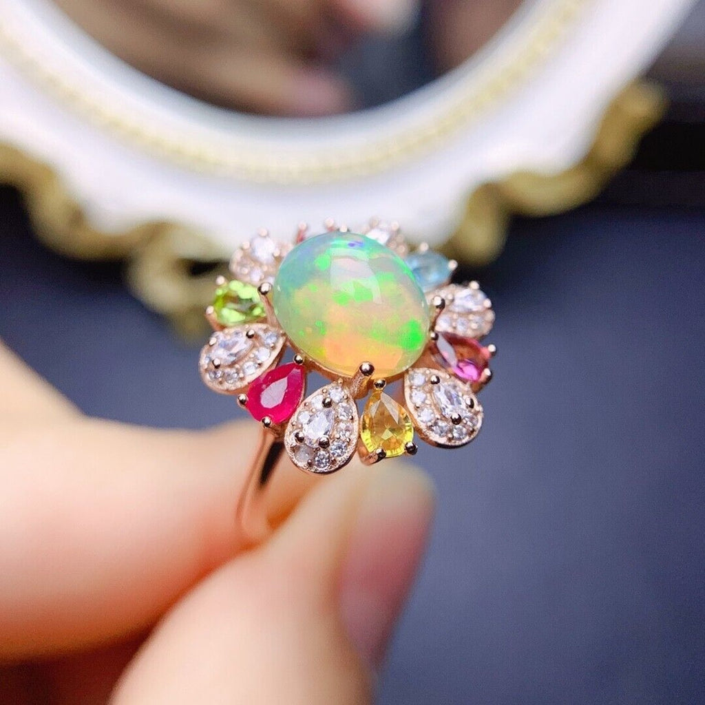 Multi Gemstone Opal Statement Ring, Ruby Sapphire Peridot Topaz and Opal Ring