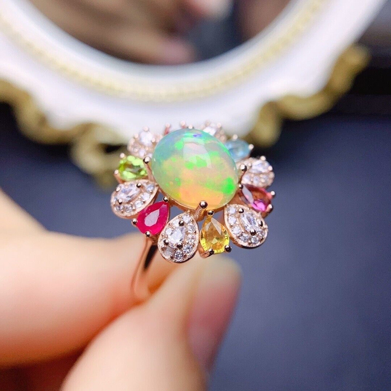 Multi Gemstone Opal Statement Ring, Ruby Sapphire Peridot Topaz and Opal Ring